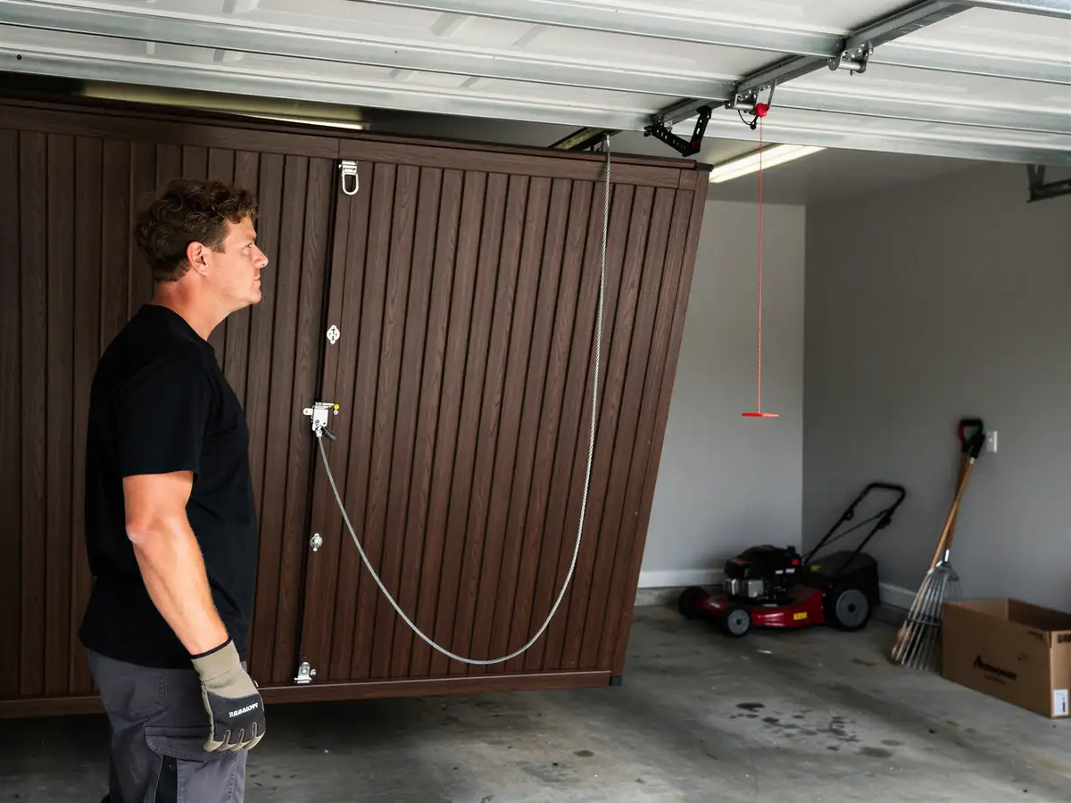 A technician stands next to a brown garage door with a rope and a lawnmower.
