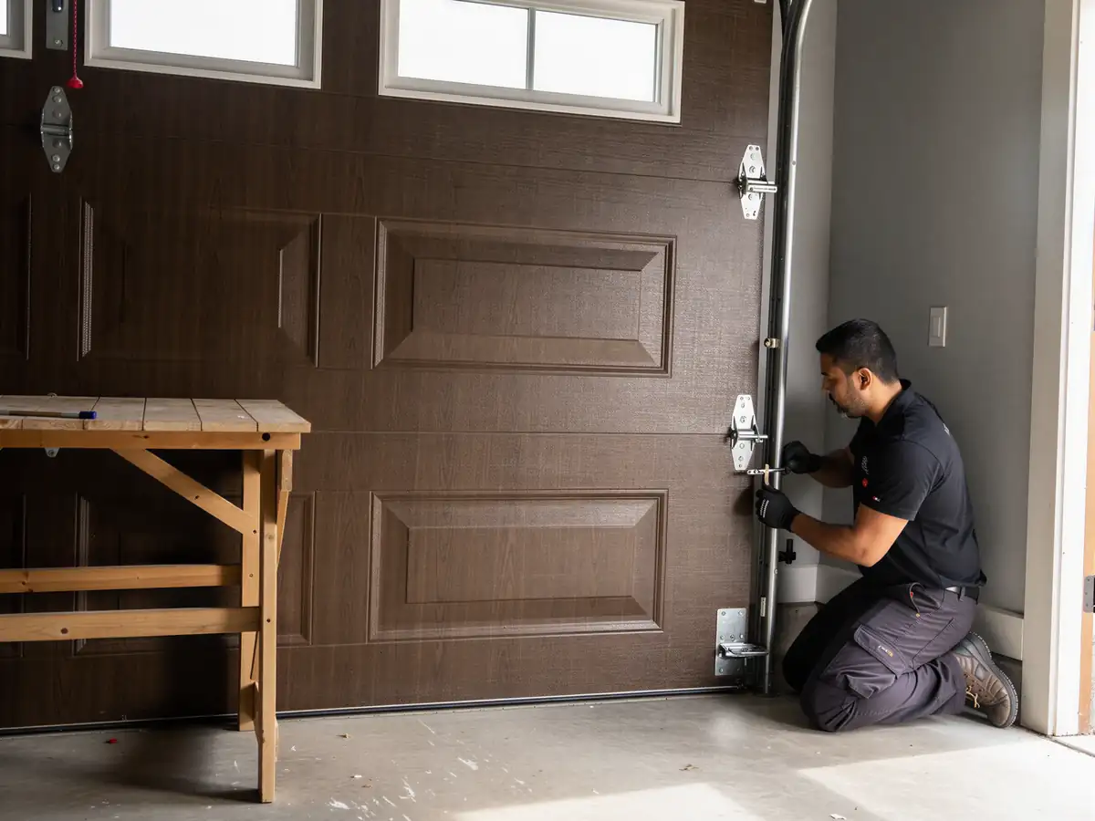 A technician kneels, adjusting the brown garage door's track and hinges.