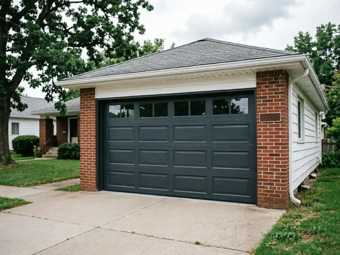 A dark gray garage door with windows is on a brick and white garage.