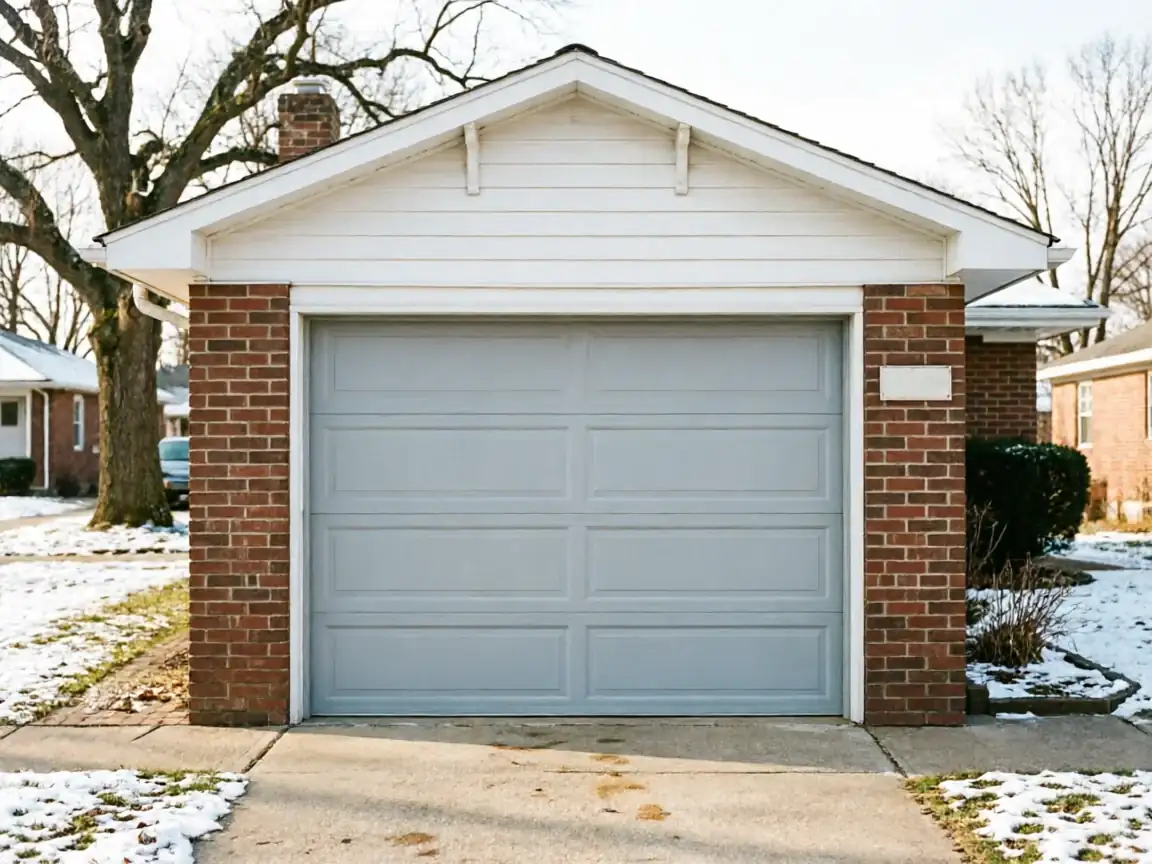 A light gray garage door on a brick and white house with snow on the ground.