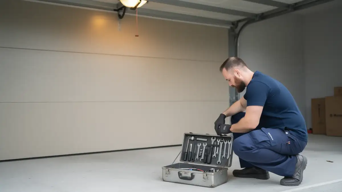 A technician crouches next to an open toolbox in a garage with a closed door.